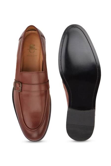 Shop Hats Off Accessories Brown Buckles Genuine Leather Monk Penny Loafers at Aza Fashions Shop_Hats Off Accessories_Brown Buckles Genuine Leather Monk Penny Loafers_at_Aza_Fashions