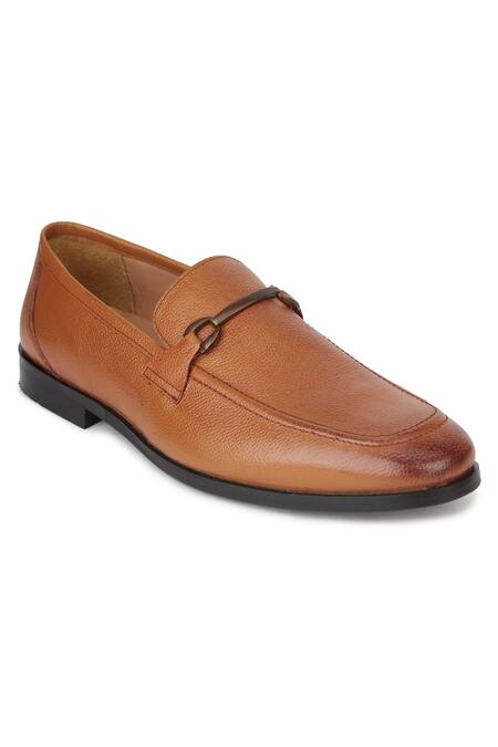 Hats Off Accessories_Brown Buckles Textured Genuine Leather Loafers_Online_at_Aza_Fashions
