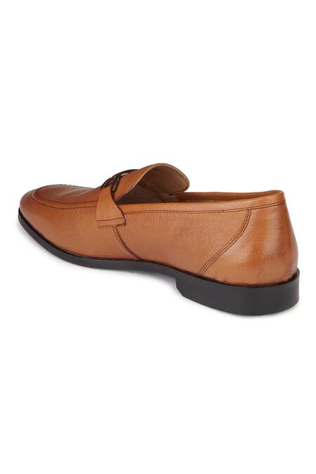 Hats Off Accessories_Brown Buckles Textured Genuine Leather Loafers_at_Aza_Fashions