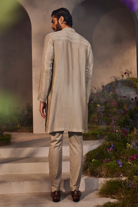 Shop_Charu And Vasundhara_Grey Silk Embroidery Laith Vine Kurta With Pant _at_Aza_Fashions