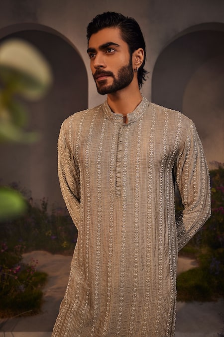 Charu And Vasundhara_Grey Silk Embroidery Laith Vine Kurta With Pant _Online_at_Aza_Fashions