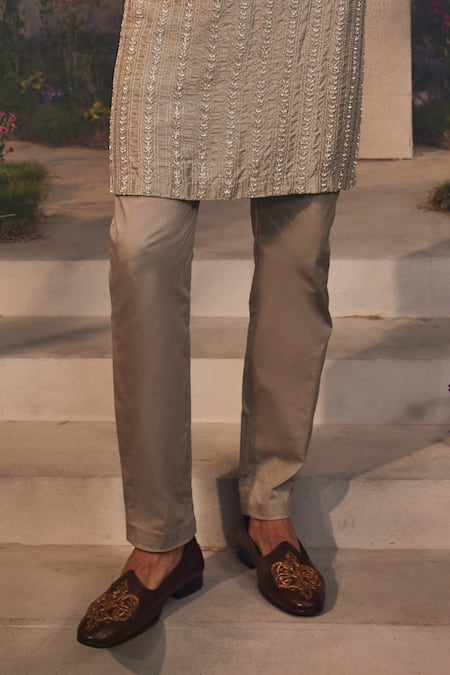 Buy_Charu And Vasundhara_Grey Silk Embroidery Laith Vine Kurta With Pant _Online_at_Aza_Fashions