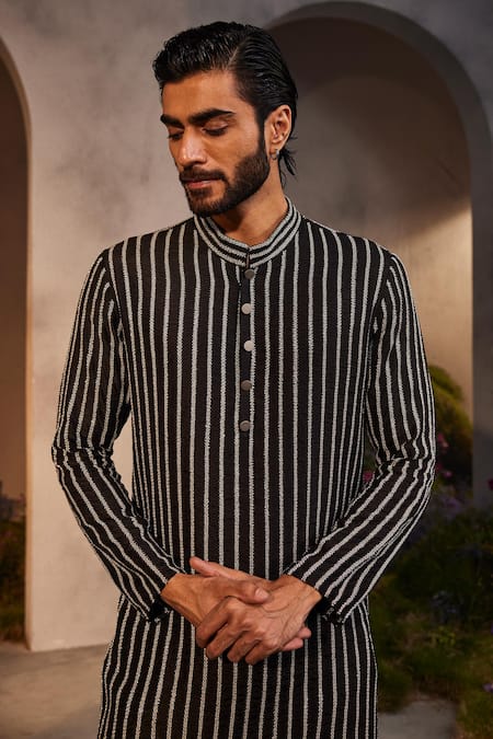 Shop_Charu And Vasundhara_Black Silk Embroidery Liam Striped Thread Work Kurta With Pant _at_Aza_Fashions