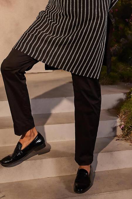 Charu And Vasundhara_Black Silk Embroidery Liam Striped Thread Work Kurta With Pant _Online_at_Aza_Fashions