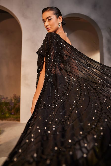 Buy Charu And Vasundhara Black Silk, Net Beads, Sequins, Cut Lainey Embroidered Skirt Saree And Blouse Set Online at Aza Fashions Buy_Charu And Vasundhara_Black Silk, Net Beads, Sequins, Cut Lainey Embroidered Skirt Saree And Blouse Set _Online_at_Aza_Fashions