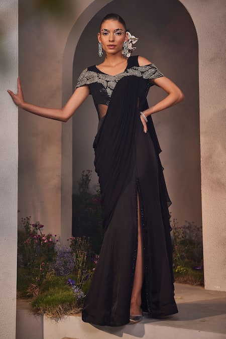 Charu and Vasundhara Black Net Embellished Crystal Round Neck Lexie High Slit Saree Gown 