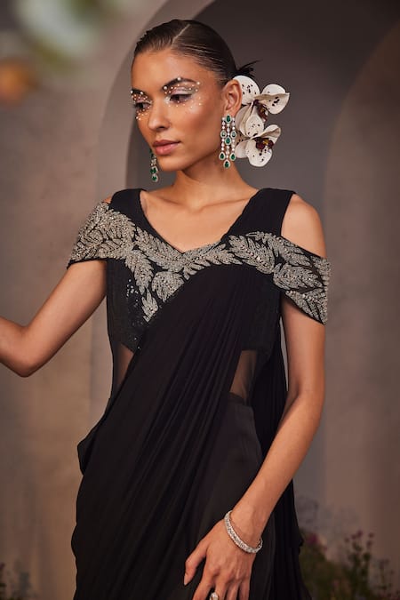 Buy_Charu And Vasundhara_Black Net, Satin, Georgette Beads, Sequins Round Neck Lexie High Slit Saree Gown _Online_at_Aza_Fashions