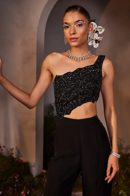 Buy Charu And Vasundhara Black Silk, Organza Embroidery One Shoulder Luciana Yoke Jumpsuit Online at Aza Fashions Buy_Charu And Vasundhara_Black Silk, Organza Embroidery One Shoulder Luciana Yoke Jumpsuit _Online_at_Aza_Fashions