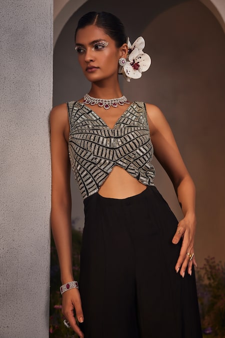 Shop_Charu And Vasundhara_Black Silk, Organza Beads, Cut Work V-neck Lara Embroidered Yoke Jumpsuit _at_Aza_Fashions