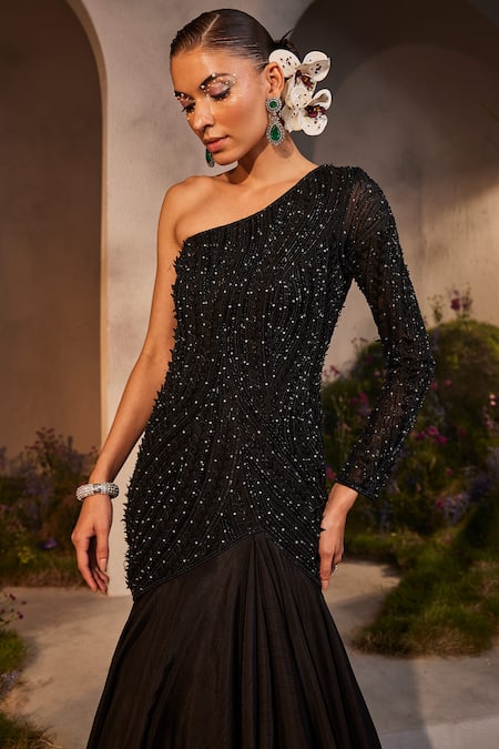 Charu And Vasundhara Black Silk, Net Beads, Sequins, Cut Work One Applique Embroidered Gown Online at Aza Fashions Charu And Vasundhara_Black Silk, Net Beads, Sequins, Cut Work One Applique Embroidered Gown _Online_at_Aza_Fashions