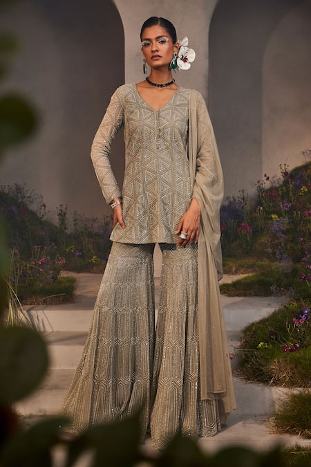 Charu and Vasundhara Silver Net Cutdana Embroidery V Neck Luna Geometric Kurta Sharara Set 