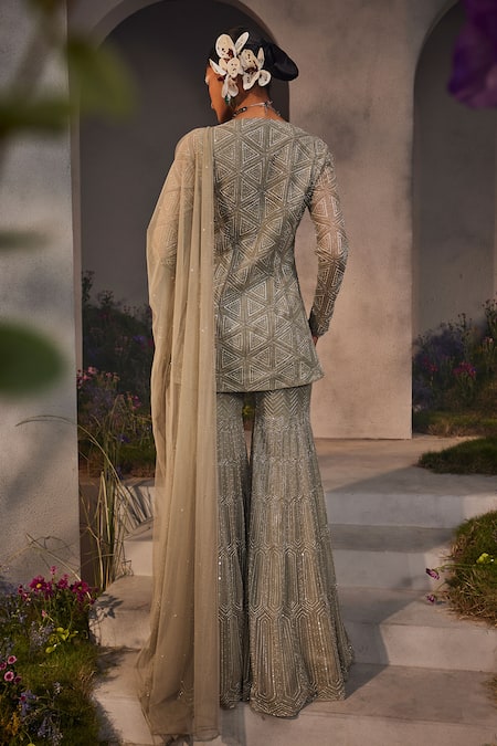 Shop Charu And Vasundhara Silver Net Sequins, Cut Work, Beads, Luna Geometric Kurta Sharara Set at Aza Fashions Shop_Charu And Vasundhara_Silver Net Sequins, Cut Work, Beads, Luna Geometric Kurta Sharara Set _at_Aza_Fashions