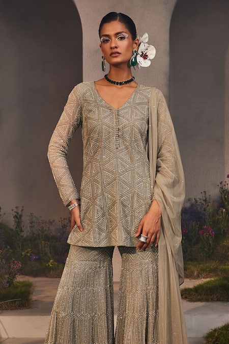 Charu And Vasundhara Silver Net Sequins, Cut Work, Beads, Luna Geometric Kurta Sharara Set Online at Aza Fashions Charu And Vasundhara_Silver Net Sequins, Cut Work, Beads, Luna Geometric Kurta Sharara Set _Online_at_Aza_Fashions