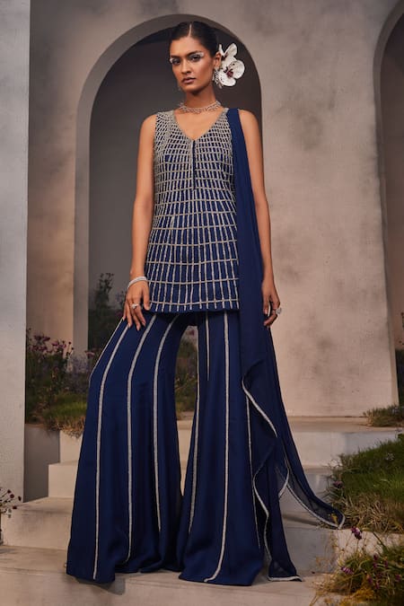 Charu and Vasundhara Blue Kurta Net Cutdana Embroidery V Neck Lia Checkered Sharara Set 