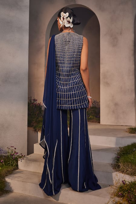 Shop Charu And Vasundhara Blue Net, Organza, Chiffon Embroidery, Cut Work Lia Checkered Kurta Sharara Set at Aza Fashions Shop_Charu And Vasundhara_Blue Net, Organza, Chiffon Embroidery, Cut Work Lia Checkered Kurta Sharara Set _at_Aza_Fashions