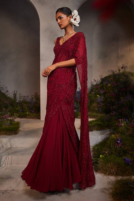 Buy Charu And Vasundhara Maroon Silk Sequins, Cut Lydia Pre-draped Lehenga Saree With Embellished Blouse Online at Aza Fashions Buy_Charu And Vasundhara_Maroon Silk Sequins, Cut Lydia Pre-draped Lehenga Saree With Embellished Blouse _Online_at_Aza_Fashions