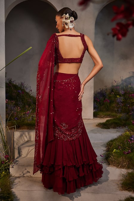 Charu And Vasundhara Leila Embroidered Pre-Draped Lehenga Saree With Embellished Blouse 