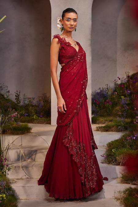 Charu and Vasundhara Maroon Saree Chiffon Sequin Embroidery Leilani Pre-draped With Blouse 