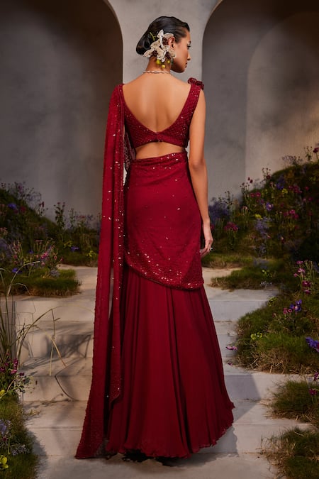 Shop Charu And Vasundhara Maroon Chiffon, Silk, Organza Sequins, Leilani Pre-draped Saree With Blouse at Aza Fashions Shop_Charu And Vasundhara_Maroon Chiffon, Silk, Organza Sequins, Leilani Pre-draped Saree With Blouse _at_Aza_Fashions