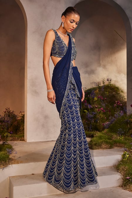 Charu And Vasundhara Blue Net, Chiffon, Silk Sequins, Lena Fish Cut Pre-draped Saree With Blouse Online at Aza Fashions Charu And Vasundhara_Blue Net, Chiffon, Silk Sequins, Lena Fish Cut Pre-draped Saree With Blouse _Online_at_Aza_Fashions