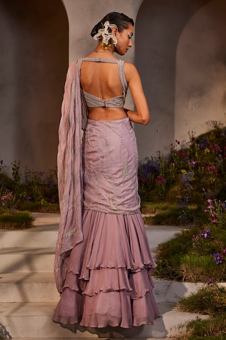 Charu And Vasundhara Lilith Tiered Lehenga Saree With Embroidered Blouse 