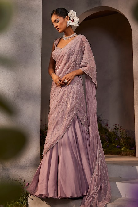 Charu and Vasundhara Purple Saree Organza Cutdana Embroidery Liah Lehenga With Embellished Blouse 