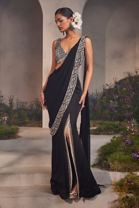 Charu and Vasundhara Lorelei Border Embroidered Pre-Draped Saree With Blouse 