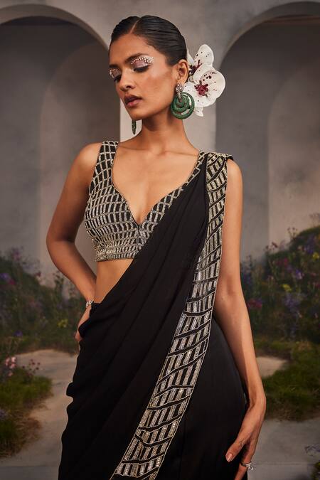 Charu And Vasundhara_Black Satin, Chiffon, Lorelei Border Embroidered Pre-draped Saree With Blouse _Online_at_Aza_Fashions