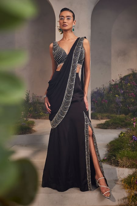 Charu and Vasundhara Black Saree Satin Organza Cutdana Embroidery Lacey Pre-draped With Blouse 