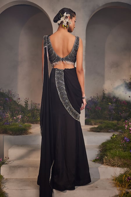 Charu And Vasundhara Lacey Pre-Draped Saree With Embroidered Blouse 