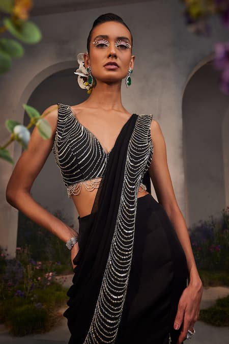 Charu And Vasundhara Black Satin, Chiffon, Silk Beads, Embroidery Lacey Pre-draped Saree With Blouse Online at Aza Fashions Charu And Vasundhara_Black Satin, Chiffon, Silk Beads, Embroidery Lacey Pre-draped Saree With Blouse _Online_at_Aza_Fashions