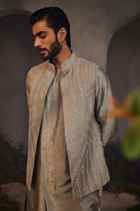 Charu And Vasundhara_Gray Silk, Cotton Embroidery Vine Grey Bundi Kurta Set _Online_at_Aza_Fashions