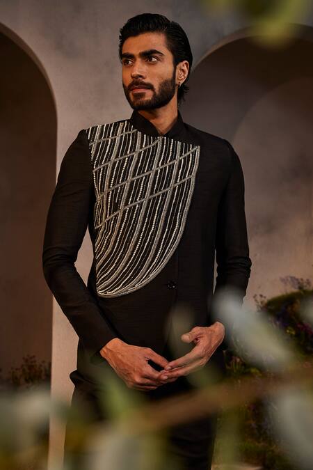 Charu And Vasundhara Black Cotton Pearls, Beads Luke Embellished Bandhgala With Pant Online at Aza Fashions Charu And Vasundhara_Black Cotton Pearls, Beads Luke Embellished Bandhgala With Pant _Online_at_Aza_Fashions