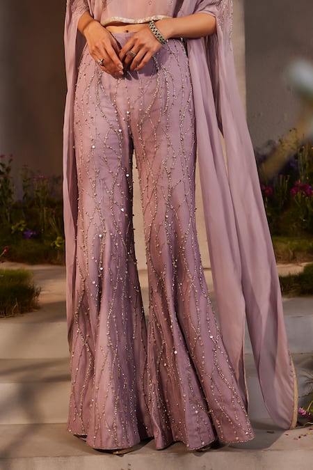 Charu And Vasundhara_Purple Silk, Organza, Net Beads, Sequins Liana Embellished Poncho Pant Set _Online_at_Aza_Fashions