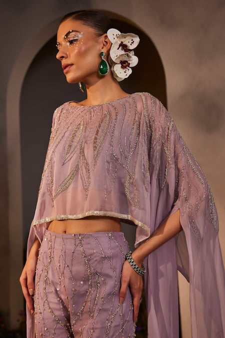 Buy_Charu And Vasundhara_Purple Silk, Organza, Net Beads, Sequins Liana Embellished Poncho Pant Set _Online_at_Aza_Fashions