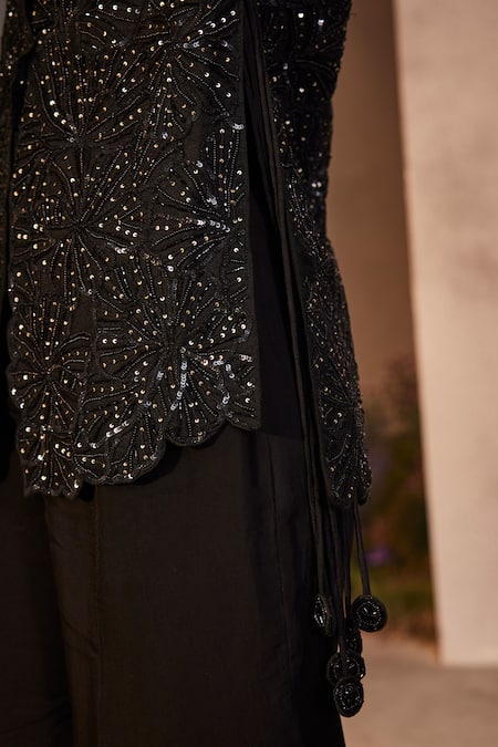 Shop_Charu And Vasundhara_Black Silk, Net, Organza Beads, Sequins Linda Embroidered Jacket Pant Set _Online_at_Aza_Fashions