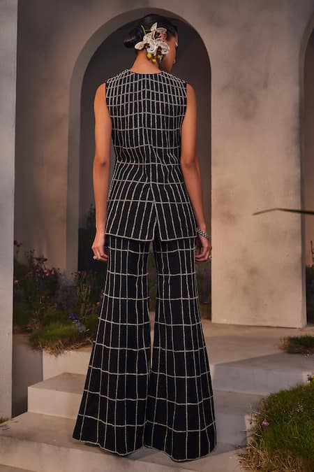 Charu And Vasundhara Lea Checkered Embroidered Jacket Pant Set 