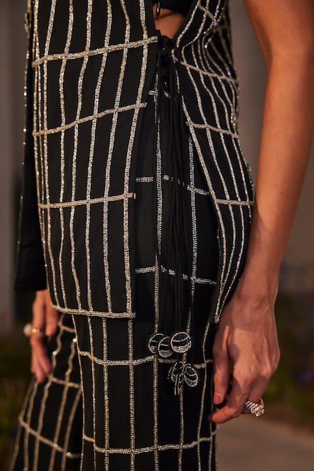 Shop_Charu And Vasundhara_Black Silk, Net Beads, Cut Work Square Lea Checkered Embroidered Jacket Pant Set _Online_at_Aza_Fashions