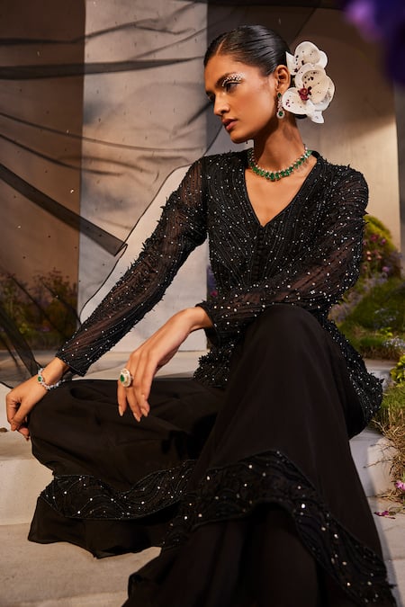 Charu And Vasundhara Black Net, Organza Sequins, Cut Work, Beads, Lennon Kurta Sharara Set Online at Aza Fashions Charu And Vasundhara_Black Net, Organza Sequins, Cut Work, Beads, Lennon Kurta Sharara Set _Online_at_Aza_Fashions