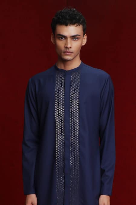 Tisa - Men Blue Terry Rayon Cutdana Embroidered Panel Kurta Online at Aza Fashions Tisa - Men_Blue Terry Rayon Cutdana Embroidered Panel Kurta_Online_at_Aza_Fashions