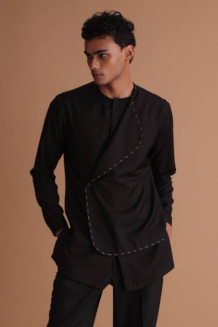 Tisa - Men_Black Cotton, Terrycloth Embroidery Stitch Overlap Panel Kurta With Pant_Online_at_Aza_Fashions