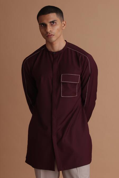 Buy_Tisa - Men_Maroon Terry Rayon Stitch Embroidered Kurta_Online_at_Aza_Fashions