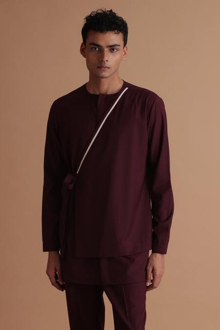 Tisa - Men_Maroon Terry Rayon Stitch Embroidered Side Tie Panel Kurta_Online_at_Aza_Fashions