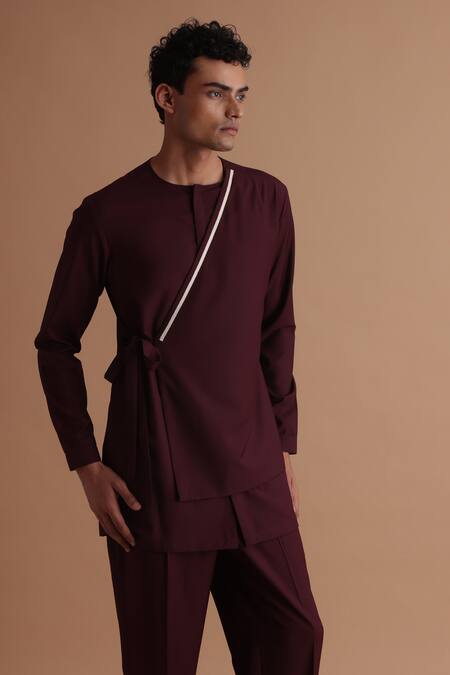 Buy_Tisa - Men_Maroon Terry Rayon Stitch Embroidered Side Tie Panel Kurta_Online_at_Aza_Fashions