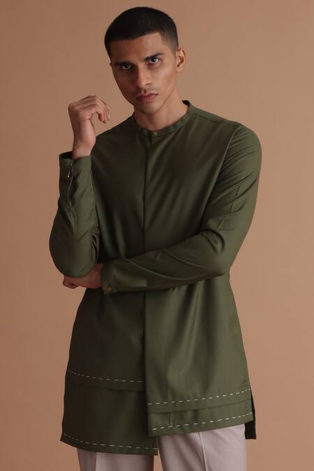 Tisa - Men_Green Terry Rayon Stitch Embroidered Layered Kurta_Online_at_Aza_Fashions