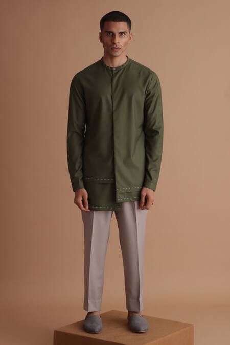 Buy_Tisa - Men_Green Terry Rayon Stitch Embroidered Layered Kurta_Online_at_Aza_Fashions