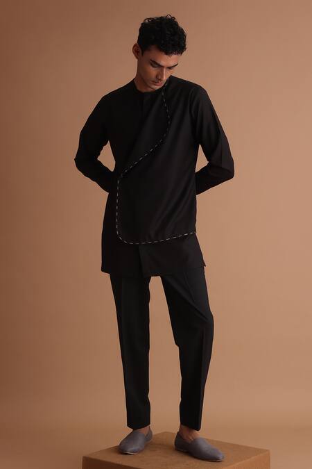 Shop Tisa - Men Black Terry Rayon Stitch Embroidered Overlap Panel Kurta at Aza Fashions Shop_Tisa - Men_Black Terry Rayon Stitch Embroidered Overlap Panel Kurta_at_Aza_Fashions