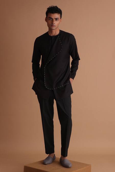 Tisa - Men Black Terry Rayon Stitch Embroidered Overlap Panel Kurta Online at Aza Fashions Tisa - Men_Black Terry Rayon Stitch Embroidered Overlap Panel Kurta_Online_at_Aza_Fashions