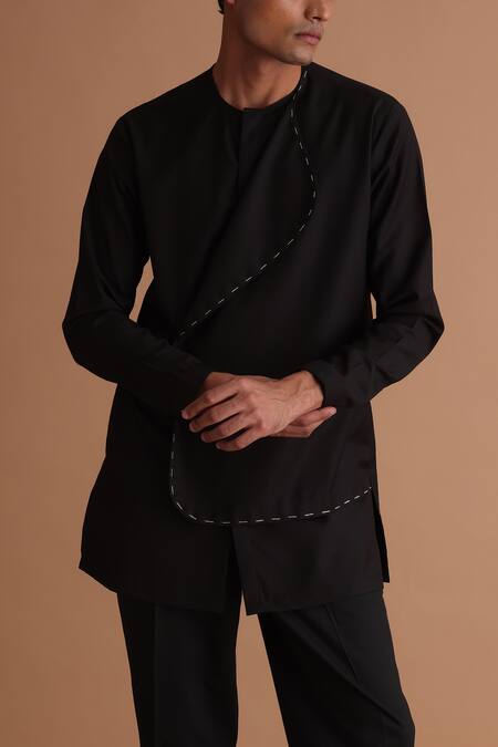 Buy Tisa - Men Black Terry Rayon Stitch Embroidered Overlap Panel Kurta Online at Aza Fashions Buy_Tisa - Men_Black Terry Rayon Stitch Embroidered Overlap Panel Kurta_Online_at_Aza_Fashions