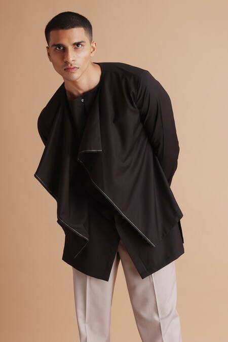 Buy_Tisa - Men_Black Terry Rayon Solid Ruffle Overlap Panel Kurta_Online_at_Aza_Fashions